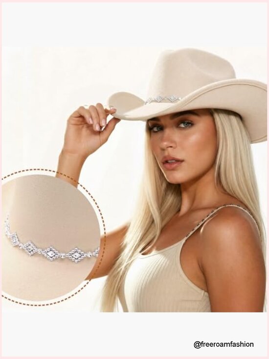 Rhinestone Cowboy Hat Wide Brim Felt Fedora Unisex Rolled Up Caps main image 3